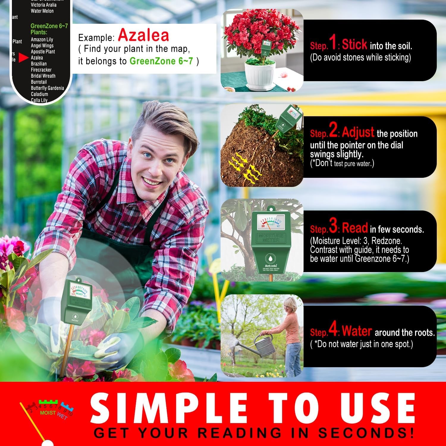 2 Pack Soil Moisture Meter, Plant Water Monitor Hygrometer Sensor, Soil Water Tester Kit for Outdoor and Indoor Potted Plants, Flower, Gardening, Farming - No Battery Required