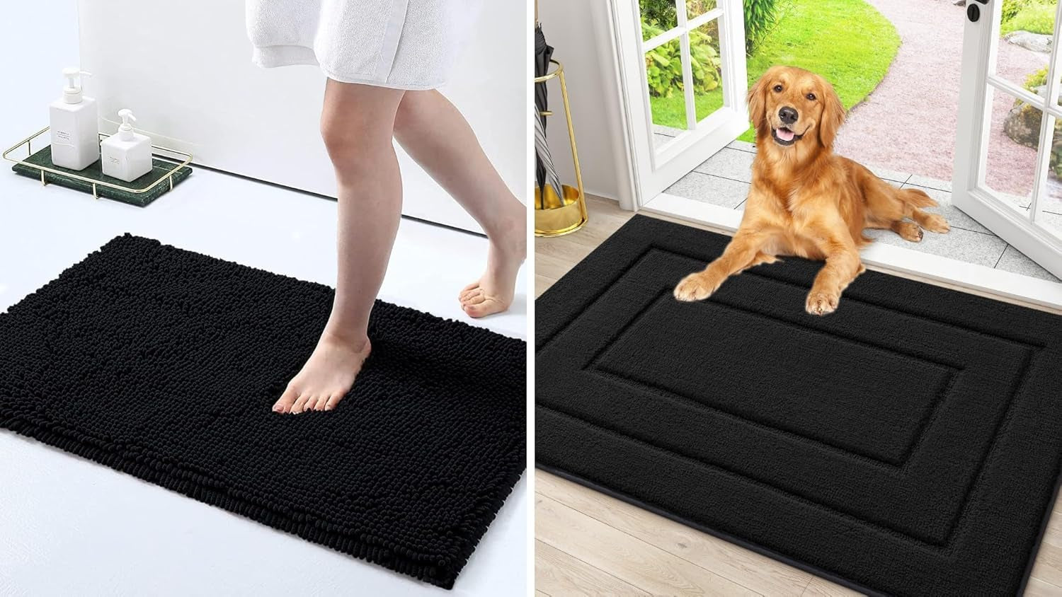 Bath Rug and Dog Door Mat Set, Luxury Chenille Bath Rug (Black 30X20) and Classic Dog Door Mat for Muddy Paws (Black 30X20)