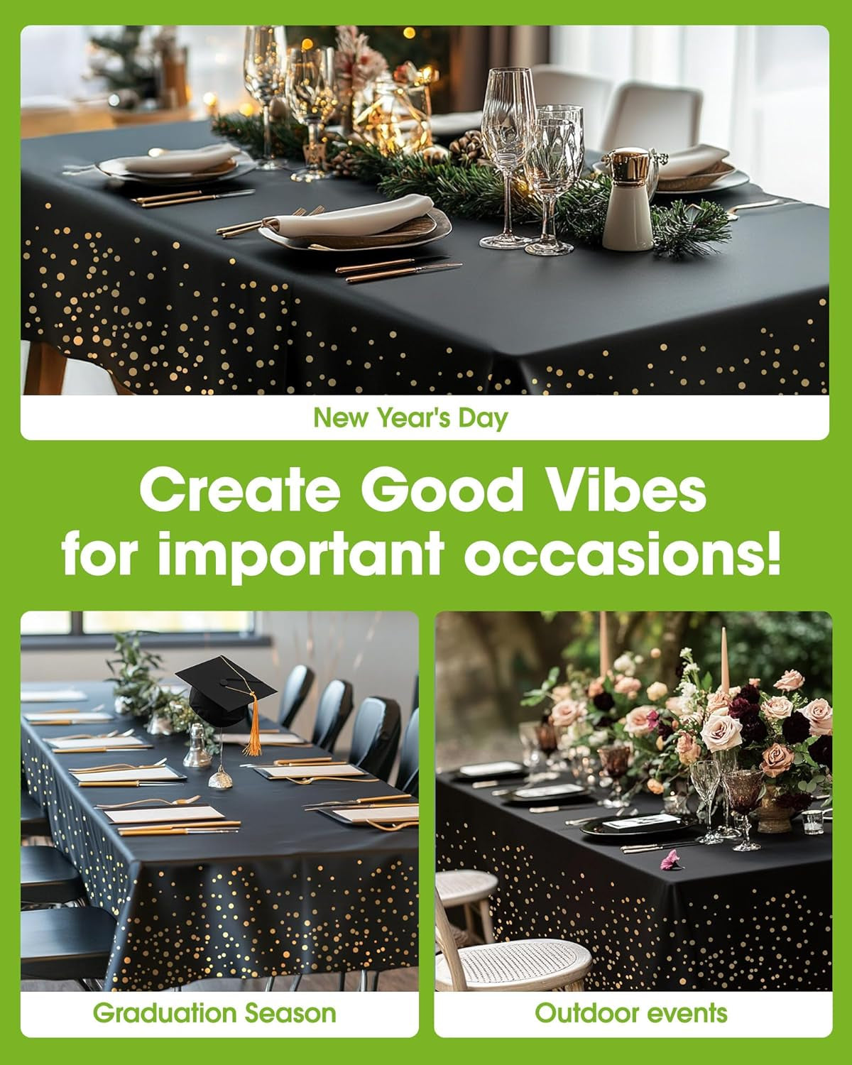 Plastic Table Cloth Disposable 10 Pack, 54 X 108 Inch Table Cloths, Graduation Decorations Class of 2025, Graduation Tablecloths, Rectangle, Plastic Cover, Leakproof & Sturdy, Black and Gold