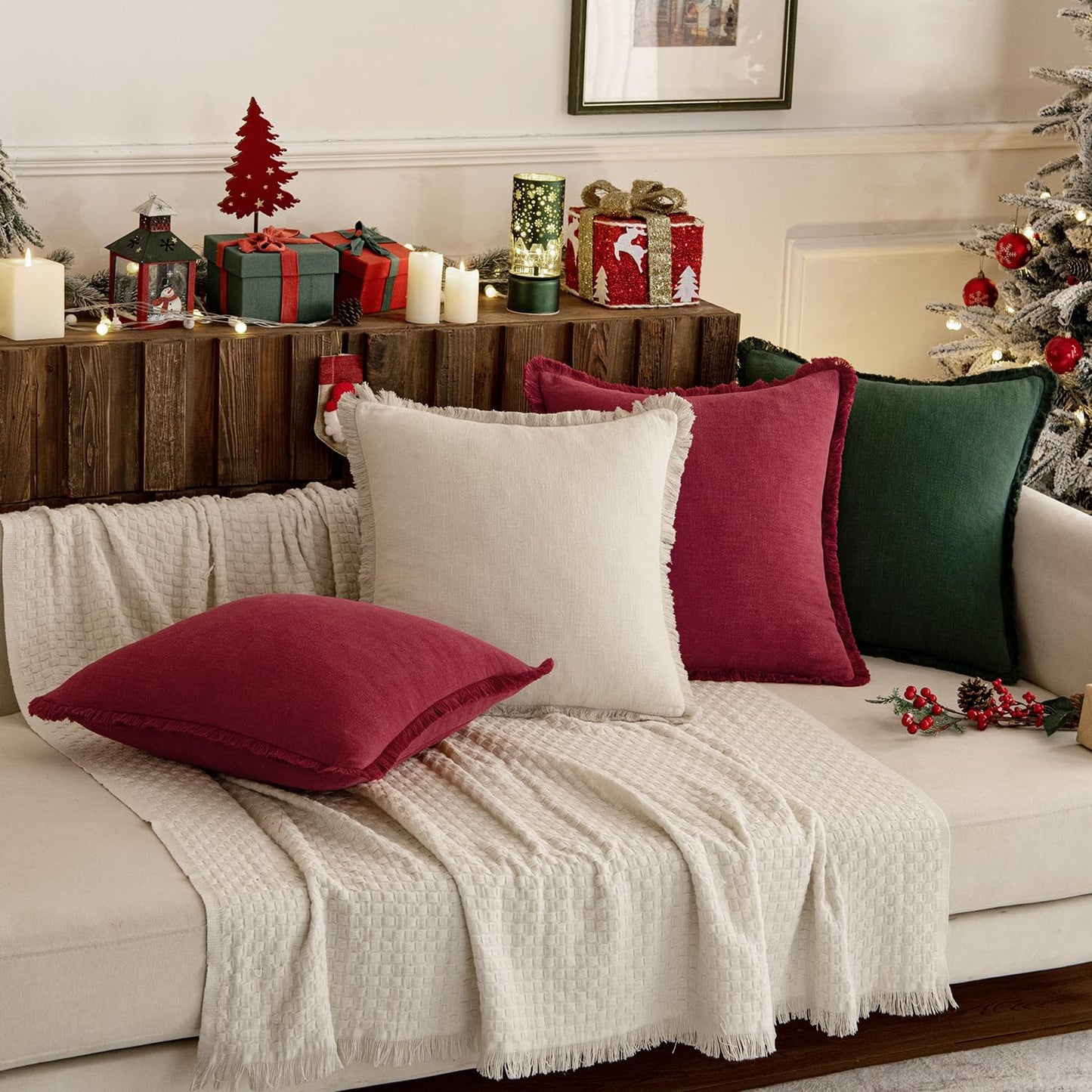 Linen Pillow Covers 18X18 Inch Decorative Throw Pillows with Fringe Pack of 4 Soft Farmhouse Boho Couch Pillows Home Decors for Sofa Cushion Living Room Bed Dark Green and Burgundy