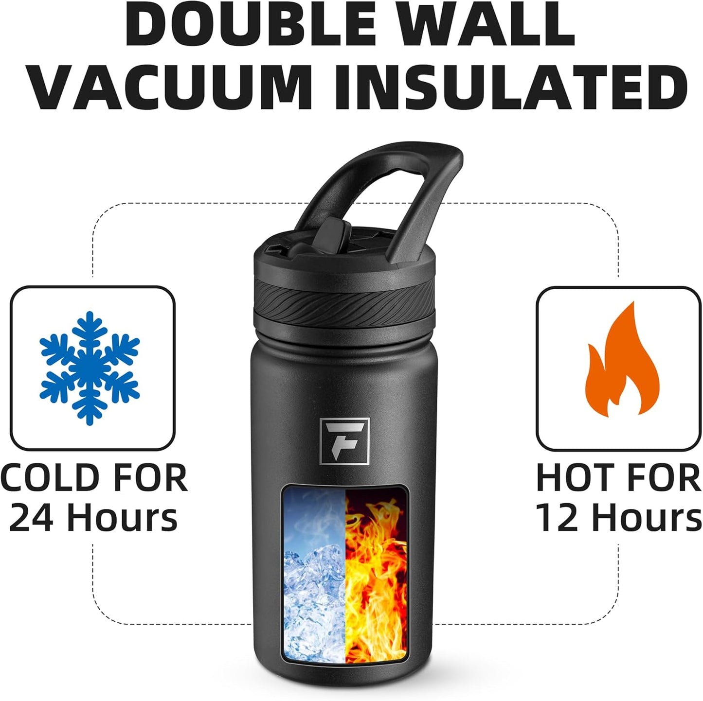 14 Oz Kids Insulated Water Bottle with Straw Lid – Stainless Steel Double Wall Vacuum, Leak-Proof, Bpa-Free Water Bottles for School Boys & Girls(Black)