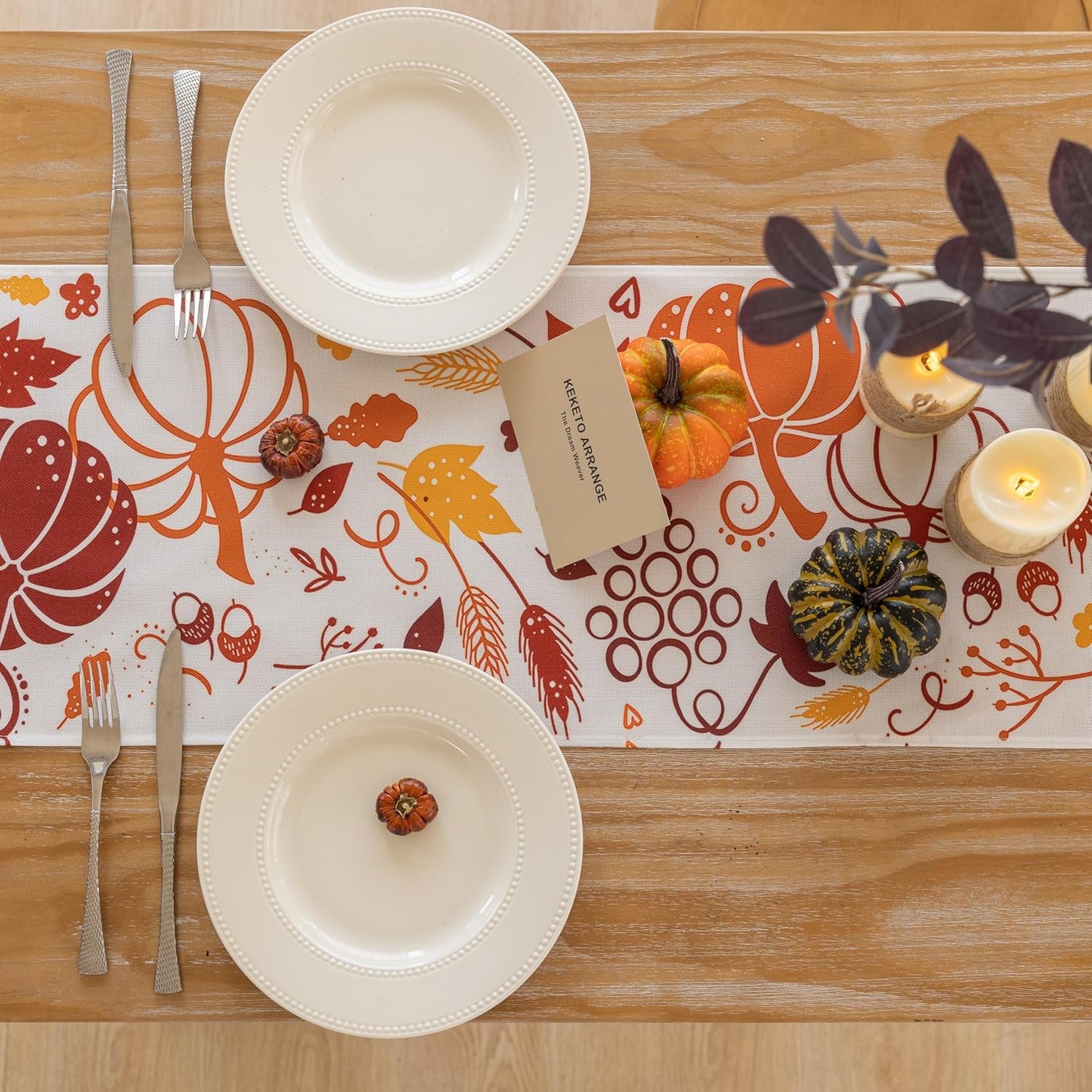 Fall Table Runner Thanksgiving Pumpkins Autumn Harvest Maple Leaves Cloth Dining Centerpiece Party Table Decor Fall Decorations for Home 48 X 13Nch