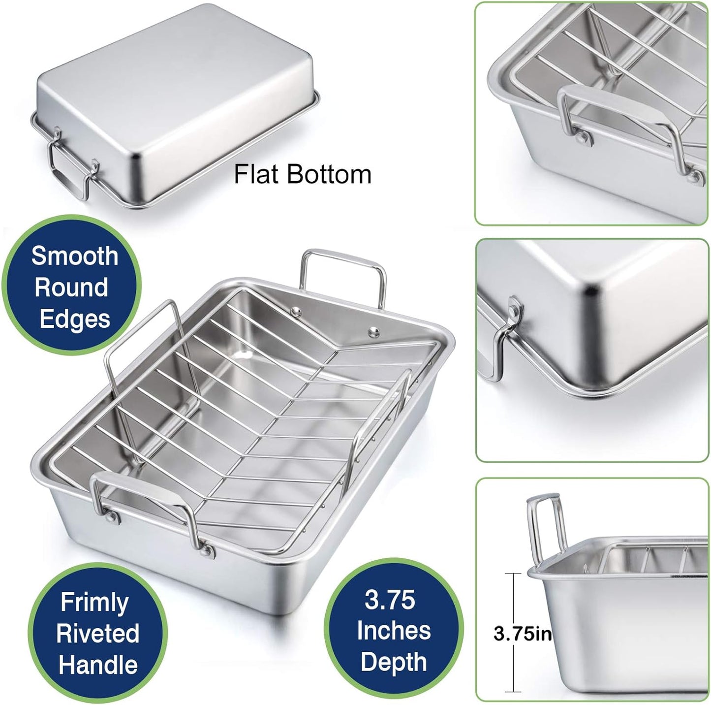 16" Roaster Roasting Pan with Baking Rack and V-Shaped Rack, Stainless Steel Rectangular Lasagna Pan with Handles for Turkey Chicken, Healthy & Dishwasher Safe, 3 Pieces, Silver