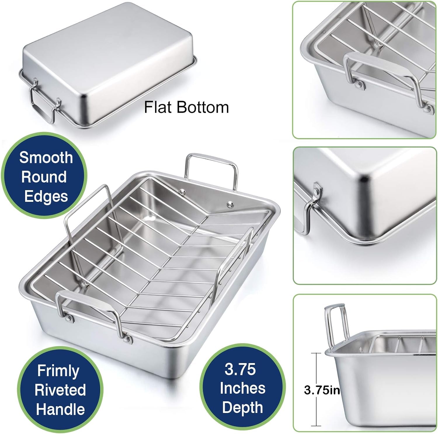 16" Roaster Roasting Pan with Baking Rack and V-Shaped Rack, Stainless Steel Rectangular Lasagna Pan with Handles for Turkey Chicken, Healthy & Dishwasher Safe, 3 Pieces, Silver