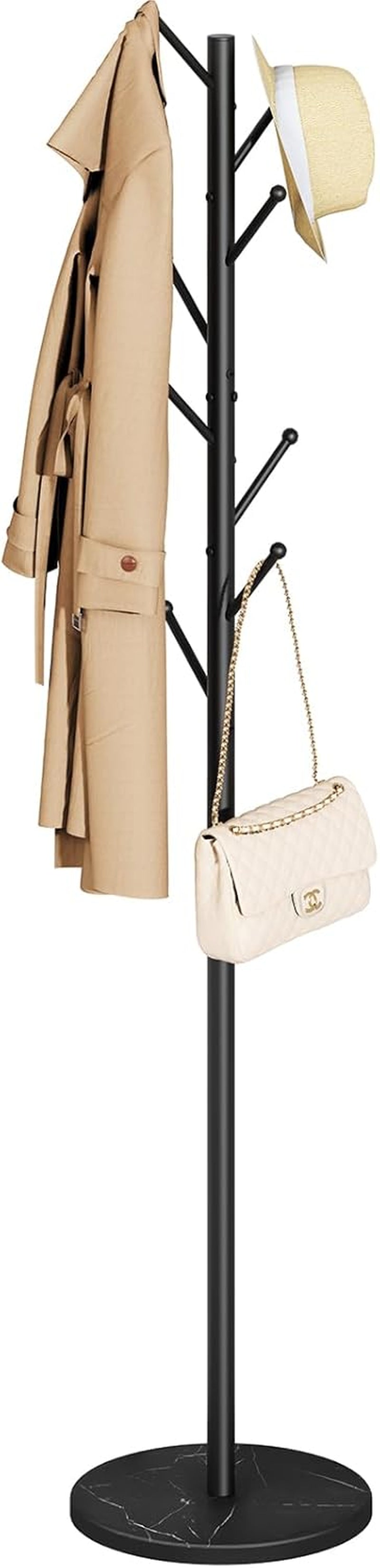 Coat Rack Freestanding with Natural Marble Base, Coat Tree with 8 Hooks Heavy Duty Coat Hanger Stand, Metal Coat Rack Stand for Jacket, Hat, Clothes & Bag, Hall Tree Hat Rack for Entryway