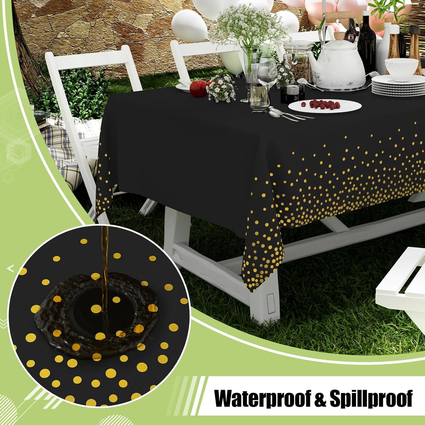 Premium Disposable Tablecloths - 6 Pack, 54 x 108 Inch Waterproof Rectangular Covers for Events, Elegant Plastic Table Covers, Leakproof & Durable, Black & Gold