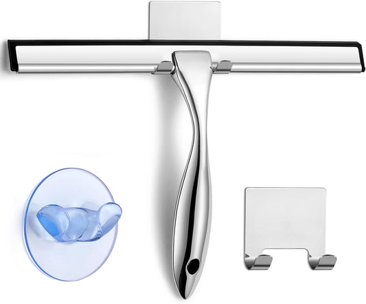 All-Purpose Shower Squeegee for Shower Doors, Bathroom, Window, Glass and Car Windshield, Includes Suction Hook & Adhesive Hook, 18/8 Stainless Steel, 12", Silver