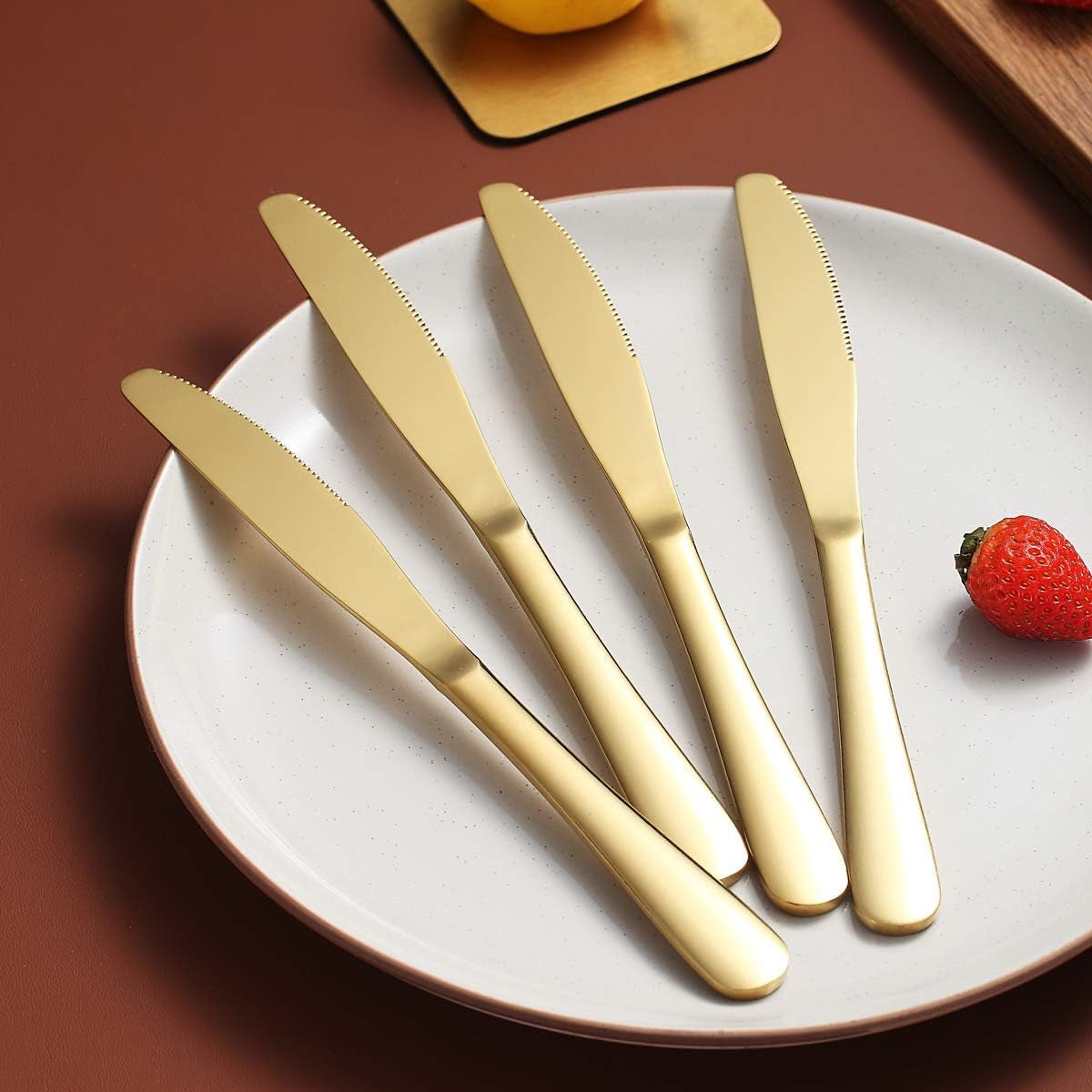 Set of 4 Gold Dinner Knives, Stainless Steel with Titanium Plating, Durable and Dishwasher Safe Butter Knife Spreaders