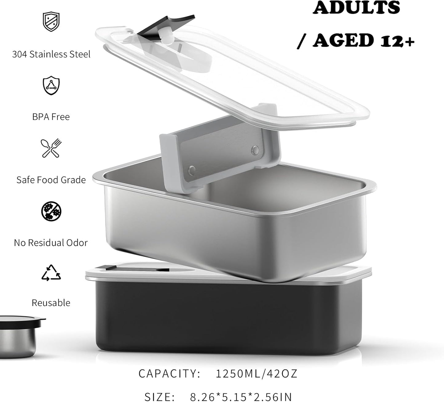 Stainless Steel Bento Lunch Box for Adult, 42Oz Leak-Proof Lunch Box Containers, Microwave-Safe, with Adjustable Divider, Convenient Metal Lunchbox for Work, Travel