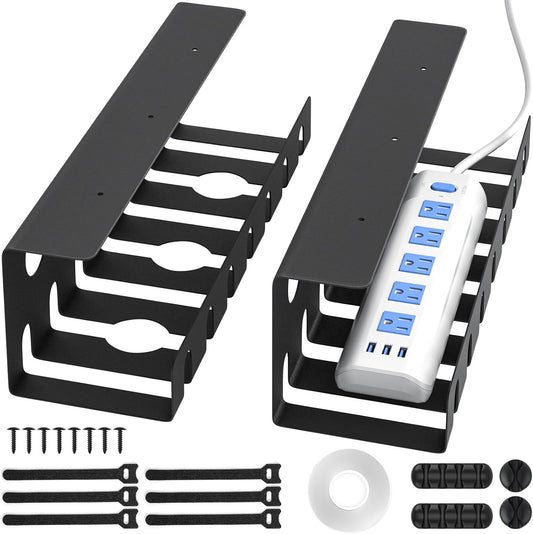 2 Pack Metal under Desk Cable Management Tray, U-Channel Cord Organizer Box, Office under Desk Cord Organizers, Cable Management with Various Accessories, Black, 15.75 Inches