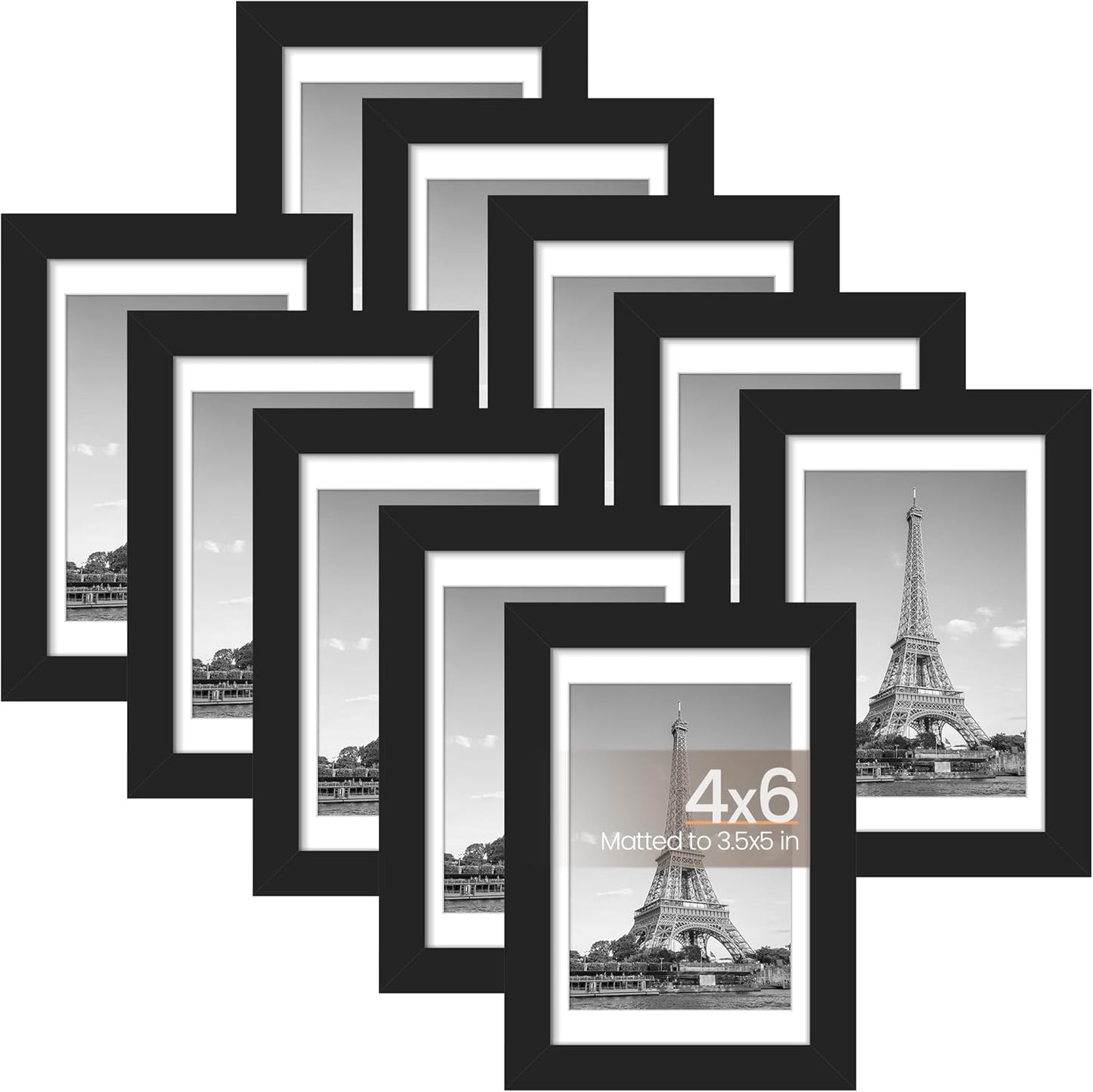 4X6 Picture Frame Set of 10, Display Pictures 3.5X5 with Mat or 4X6 Without, Multi Photo Frames Collage for Wall or Tabletop Display, Black