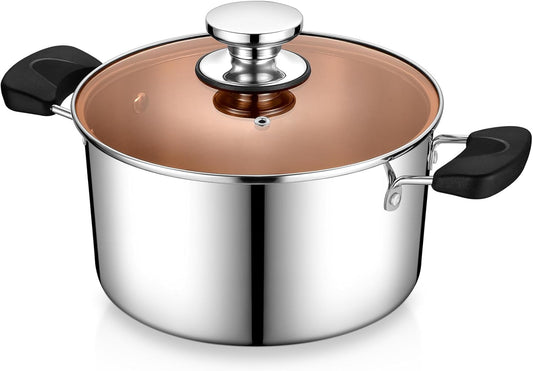 Stainless Steel 3-Ply Sock Pot with Lid, Stockpot for Cooking Pasta & Stewing Soup, Fits Multi Stoves, Heat-Proof Handle & Clear Lid, Heavy Duty & Dishwasher Safe, 5 Quarts