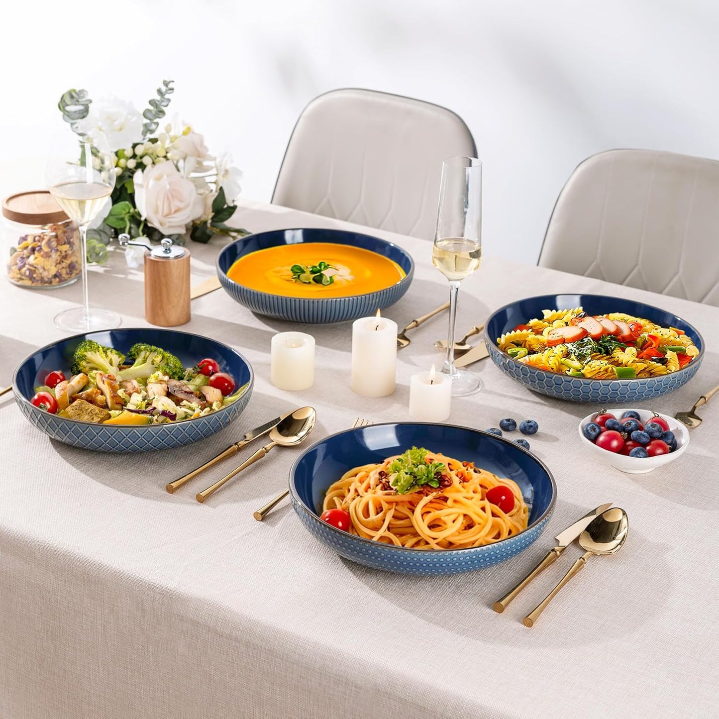 Large 9.5-Inch Stoneware Pasta Bowls, 42 Ounce Ceramic Serving Bowls with Textured Design for Salads, Fruits, Stews, and Noodles, Set of 4 in Moonlight Blue - Ideal Housewarming Gift