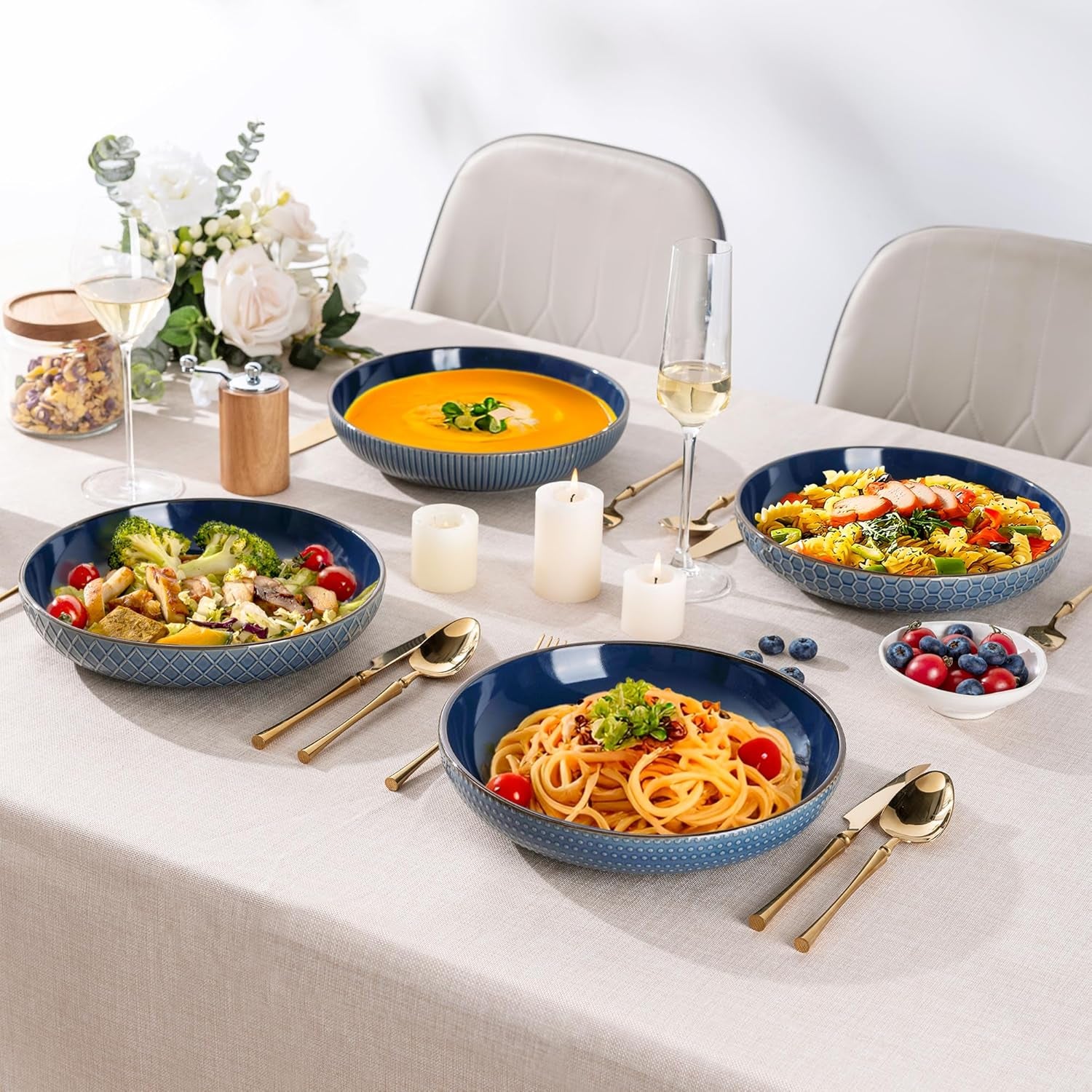 Large 9.5-Inch Stoneware Pasta Bowls, 42 Ounce Ceramic Serving Bowls with Textured Design for Salads, Fruits, Stews, and Noodles, Set of 4 in Moonlight Blue - Ideal Housewarming Gift