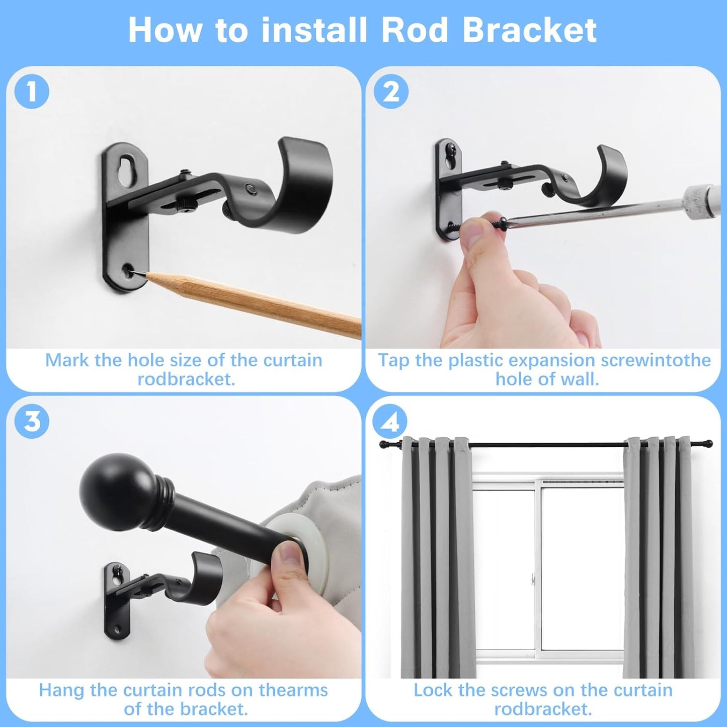 Curtain Rods for Windows 16 to 48 Inches, Curtain Rod Max Adjustable Length of 60 IN, 6/8" Diameter Drapery Rods round Finials, Black, Pack of 1