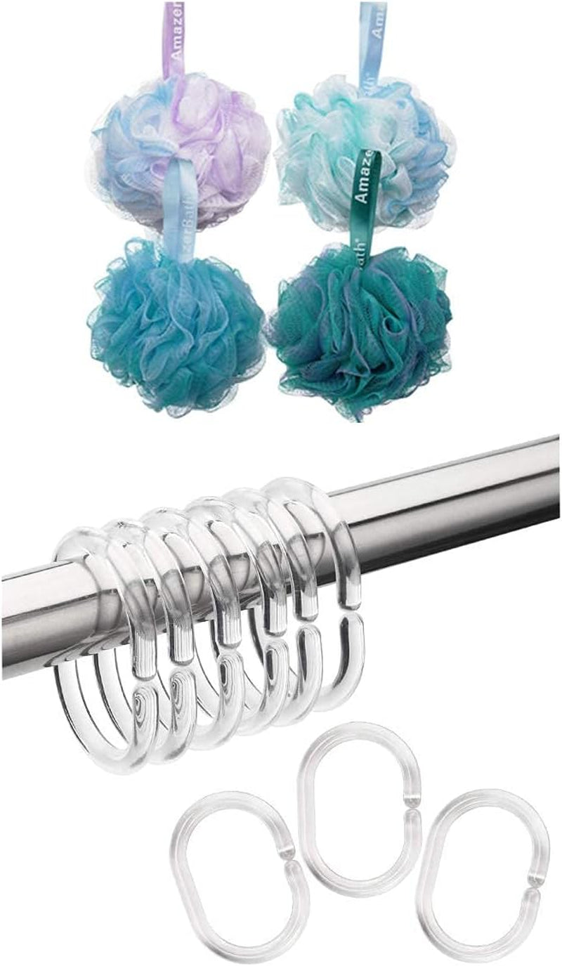 24 PCS Shower Curtain Rings and Shower Bath Sponge Shower Loofahs Balls 75G/Pcs for Body Wash Bathroom Men Women- Set of 4 Flower Color Sponges