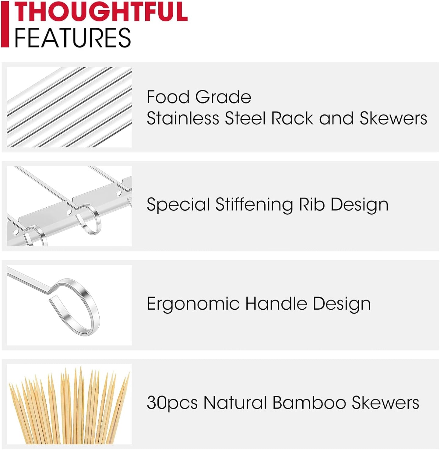 Stainless Steel BBQ Shish Kabob Set, Foldable Shish Kabob Holder with 6Pcs 13"L Skewers, Reusable Grill Rack, Comes with 30Pcs 12.5"L Bamboo Skewers for Party and Cookout