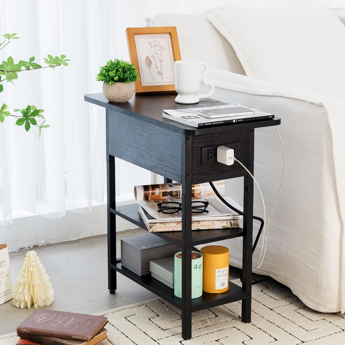 End Table with Charging Station, Flip Top Side Table with USB Ports and Outlets, Sofa Couch Table Bedside Table for Living Room Bedroom, Narrow Nightstand with Storage Shelves for Small Space