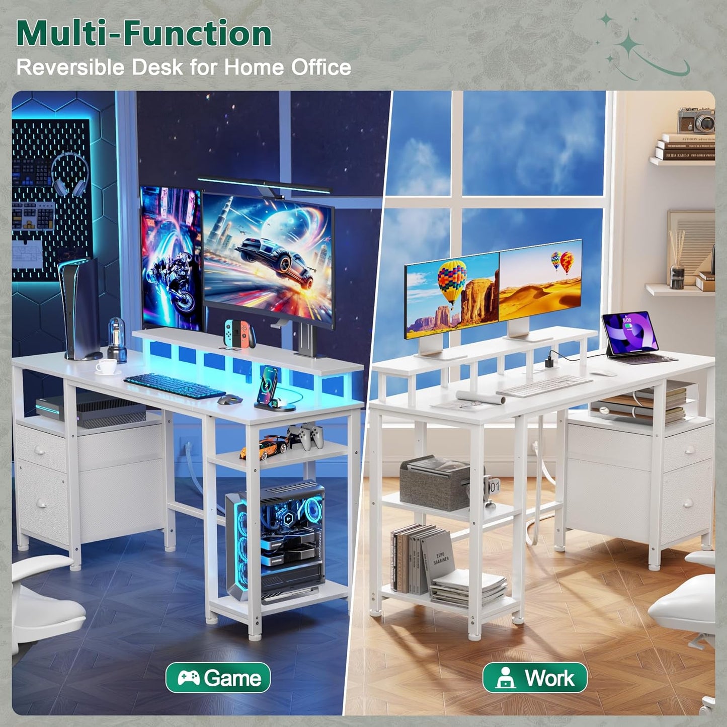 61" Computer Desk with Power Outlet and LED Lights, Reversible Gaming Desk with File Cabinet & Monitor Stand for Home Office, Large Work Table with Storage Shelves & Drawer, White