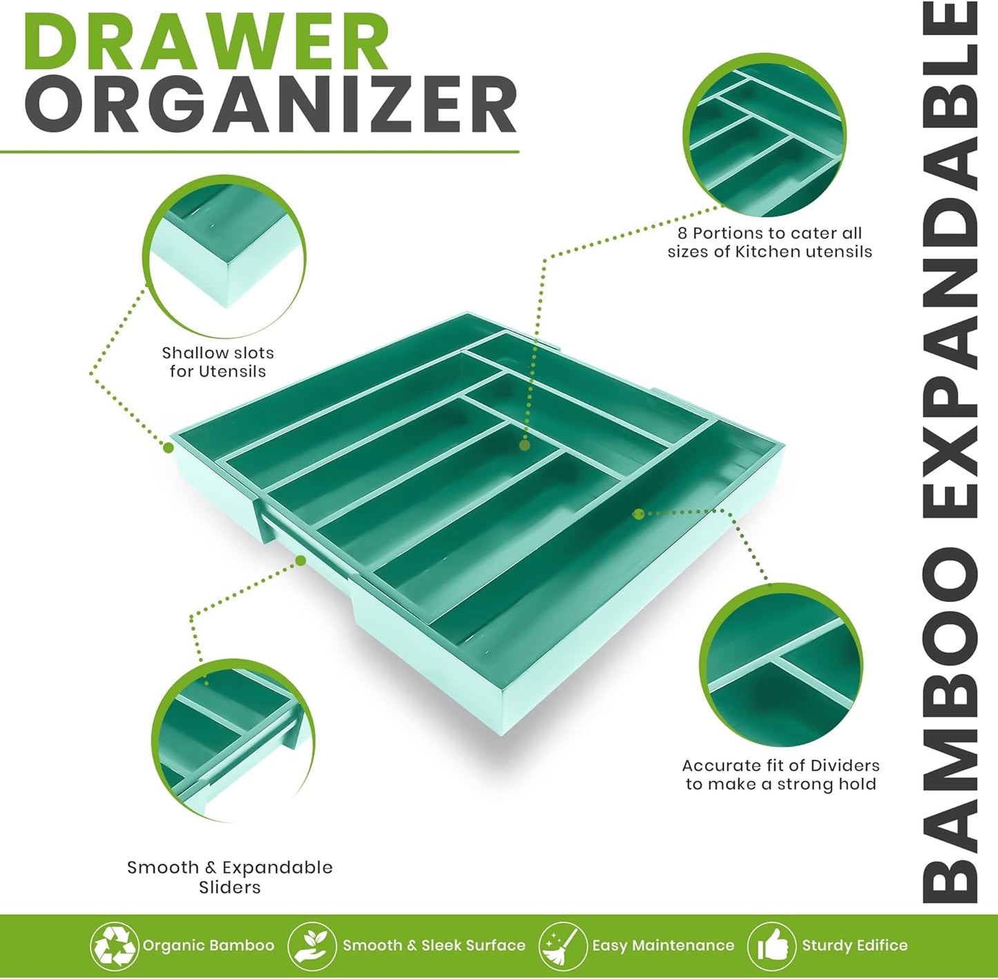 Expandable Bamboo Utensil Drawer Organizer, Silverware Organizer for Cutlery, Utensils, Flatware Holder (6-8 Slots, Mint) Pack of 1