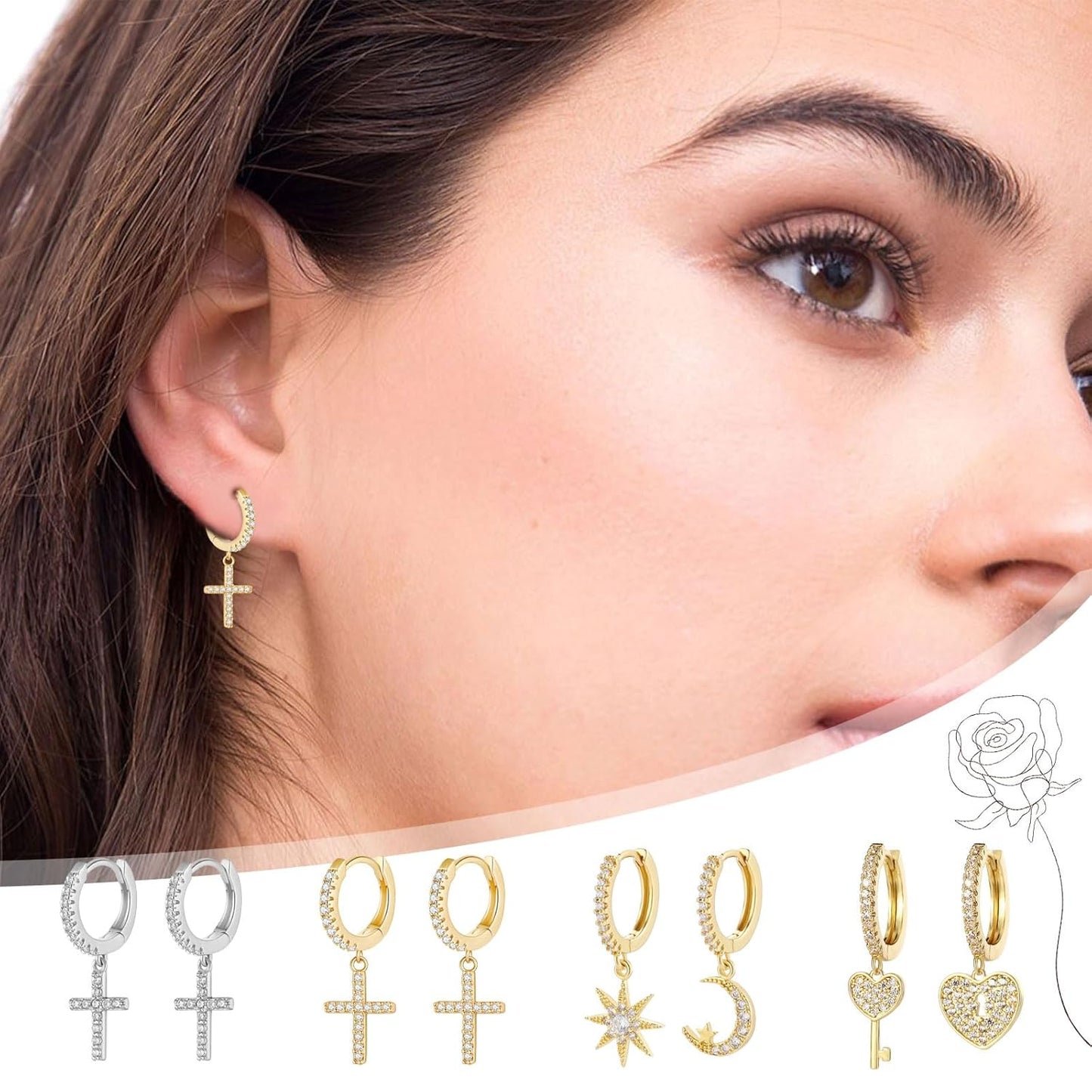 Mother'S Day Gold Hoop Earrings for Women 14K Gold Plated Huggie Hoop Earring Diamond Cut Cubic Zirconia Cross Earrings Hypoallergenic Dangle Earrings Jewelry Gift for Girls and Ladies (Cross-Gold)