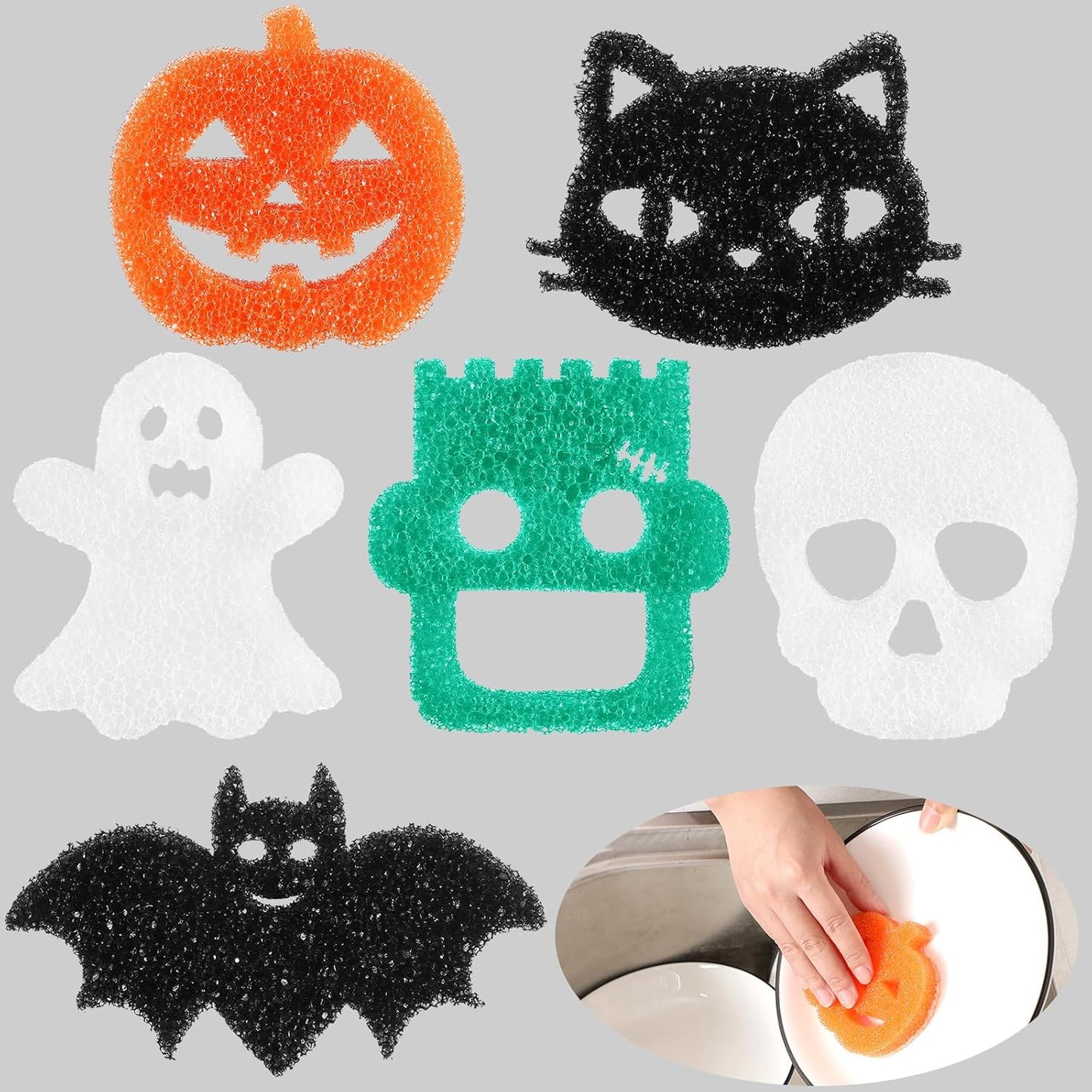 6-Pack Halloween-Themed Non-Scratch Cleaning Sponges for Kitchen Use - Ghost, Bat, Pumpkin, and Cat Designs with Temperature Sensitivity for Dishwashing and Household Cleaning