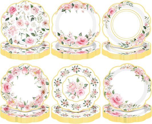 120-Piece Summer Pink Floral Paper Plates, 7-Inch Disposable Tableware for Birthday, Wedding, Baby Shower, Tea Party, and Bridal Shower Decorations