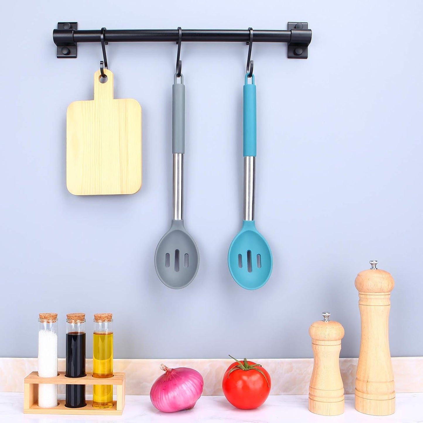 Pack of 2 Large Silicone Slotted Spoon Kitchen Skimmer with High Heat Resistant BPA Free Non Stick Cooking Ladle Strainers for Draining and Frying (Gray-Blue)