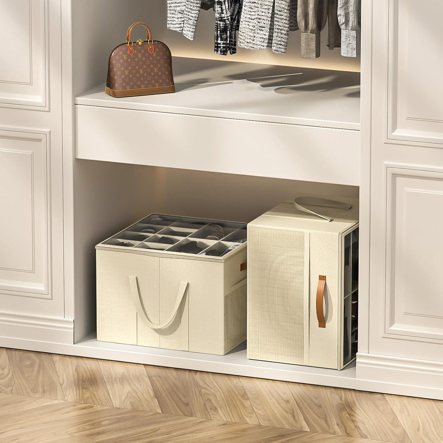Shoe Storage Organizer for Closet, Large Shoe Box Storage Containers with Clear Cover and Reinforced Handles, Foldable Shoe Storage Organizer Box Bin, Fits to 12-16 Pairs, 2 Pack (Beige)