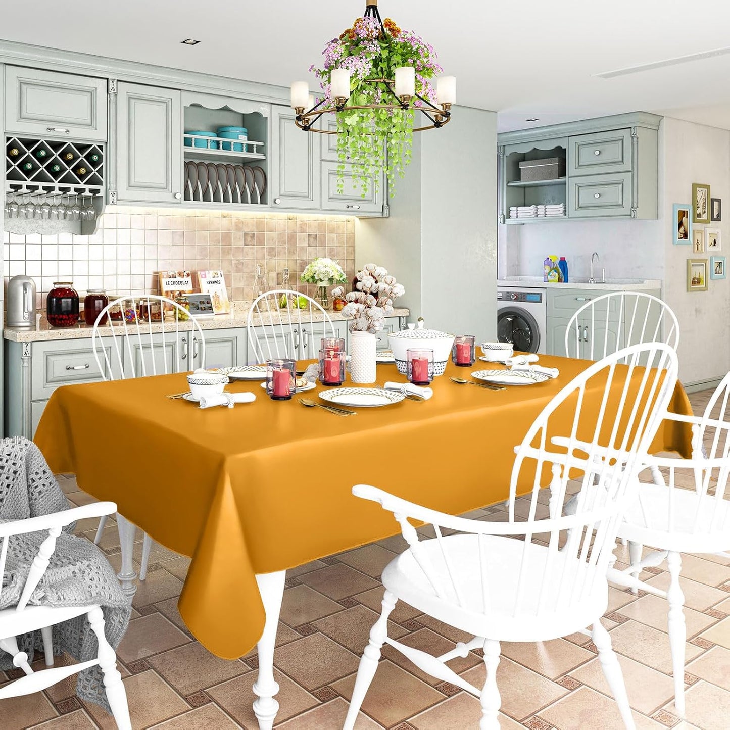 Rectangle Vinyl Tablecloth, Waterproof Spillproof Plastic Flannel Backed Table Cloth, Wipe Clean Table Cover for Autumn, Thanksgiving, Harvest Parties (Mustard Yellow, 54" X 78")
