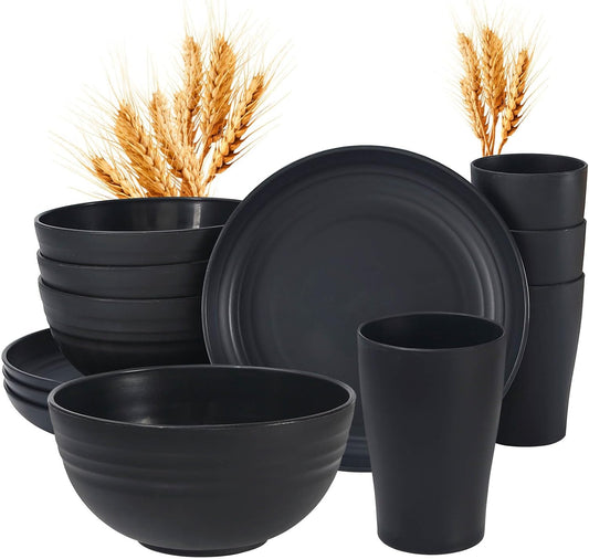 12-Piece Kids' Wheat Straw Dinnerware Set, Microwave-Safe Plates and Bowls for 4 (Black)