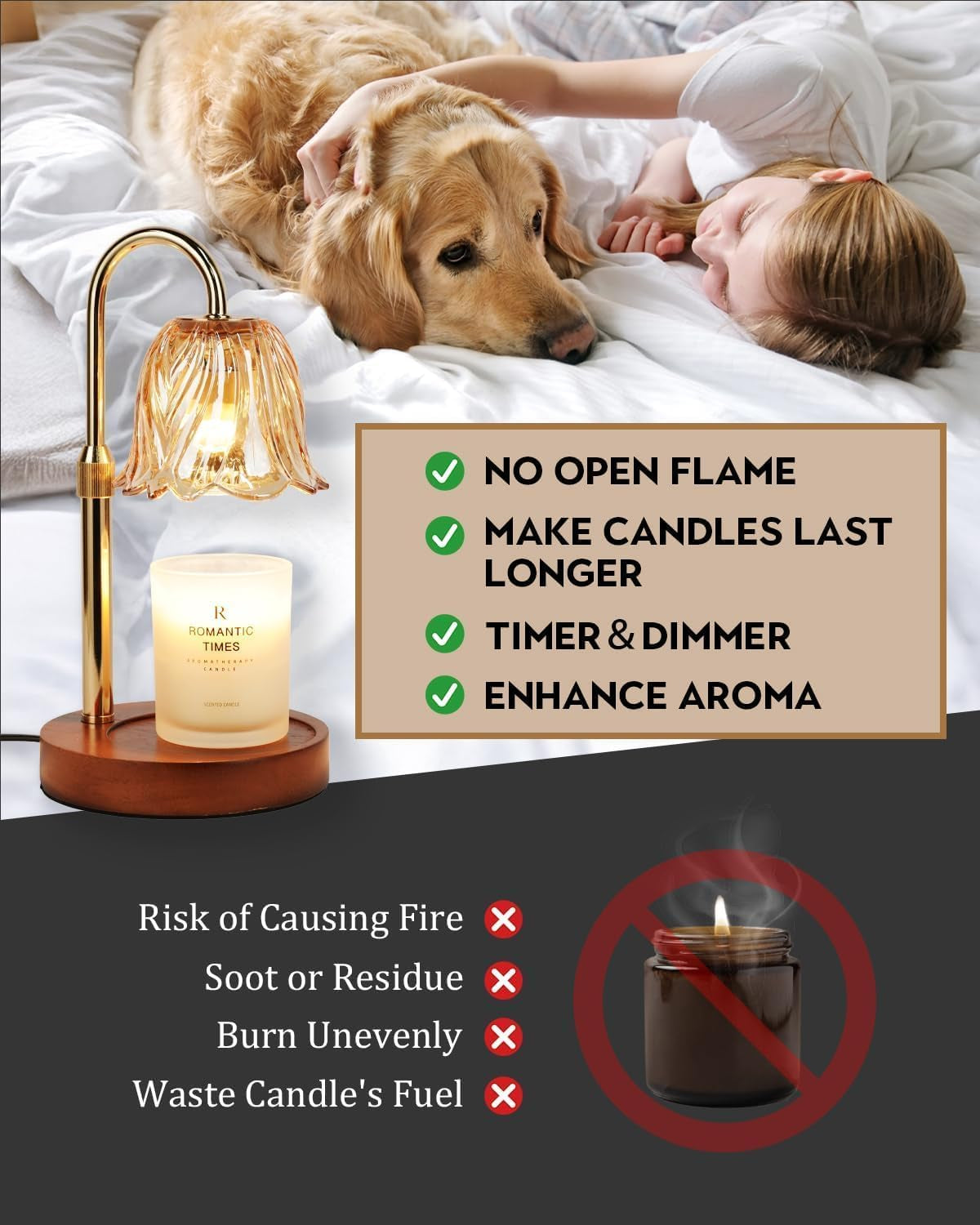 Candle Warmer Lamp, Gold Candle Lamp Warmer with Timer & Dimmer with 2 Bulbs, Birthday Gifts for Women Mom, House Warming Gifts New Home Bedroom Decor, Height Adjustable