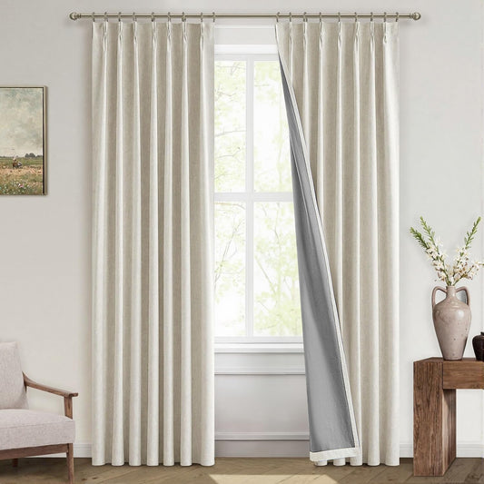 Linen Pinch Pleated 100% Blackout Curtains - 92 Inch Long, Set of 2 Panels, Back Tab Track Cream Darkening Drapes with Hooks for Bedroom and Living Room