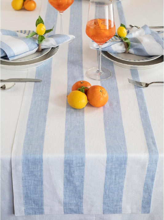 Linen Table Runner 36 Inches - Cabana Stripe 100% Pure Linen Sky Blue and White Table Runner 14 X 36 Inch Ideal for Dresser and Coffee Tables - Summer