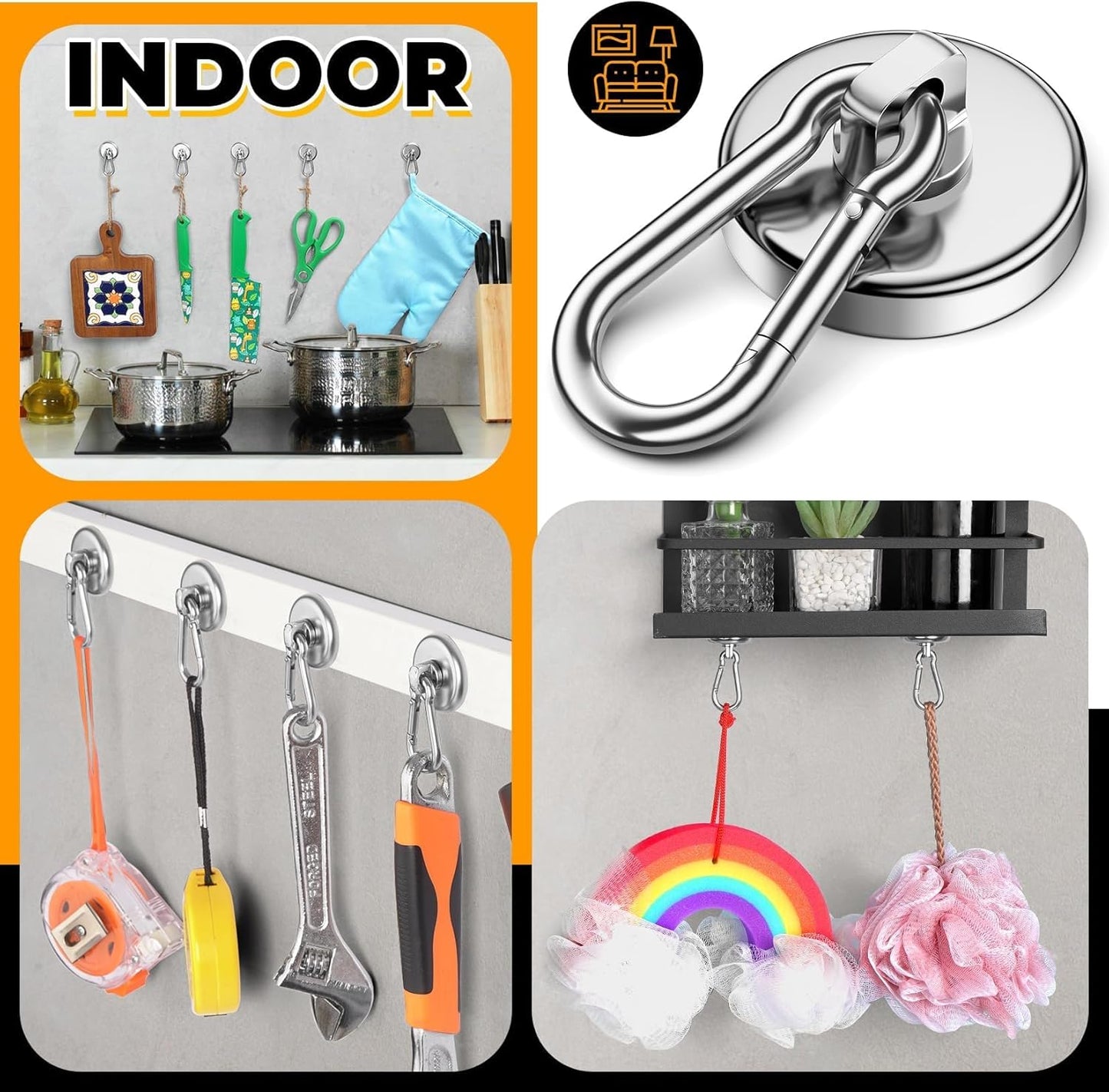 Heavy-Duty 100Lbs Neodymium Grade-52 Magnetic Hooks with Swivel Carabiner - 4 Pack for Versatile Hanging in Home, Office, Kitchen, Garage, and Cruise Use