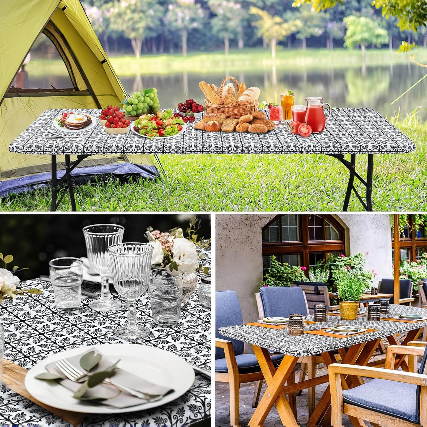 Rectangle Vinyl Table Cloth, Elastic Fitted Flannel Backed Tablecloth, 100% Waterproof Plastic Table Cover Fits 6 Foot Folding Tables for Picnic, Camping, Outdoor (Black, 30" X 72")