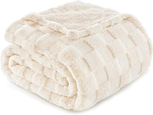 Ivory Fleece Throw Blanket for Couch - Lightweight, Super Soft, and Warm Checkered Design, 50x60 Inches, Ideal for All Seasons