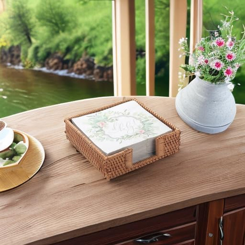Rattan Napkin Holder Square Woven Flat Napkin Basket Tray for Tables 7.5" X 7.5" X 2.5"