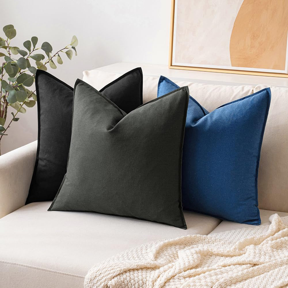 Pack of 2 Decorative Linen Pillow Covers Boho Farmhouse Modern Soft Accent Throw Pillows Neutral Cushion Covers for Sofa Couch Bed Living Room Home Decor, 18X18 Inch Black