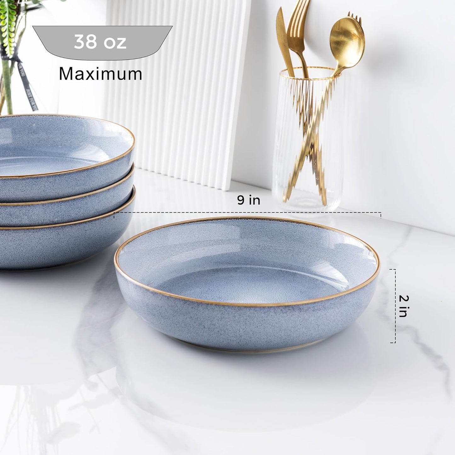 Large 9-Inch Ceramic Pasta Bowls Set of 4, 38 Oz Stoneware Serving Bowls for Kitchen – Versatile Wide Bowls for Fruit, Pasta, Salad, Oatmeal, Microwave Safe with Reactive Blue Glaze