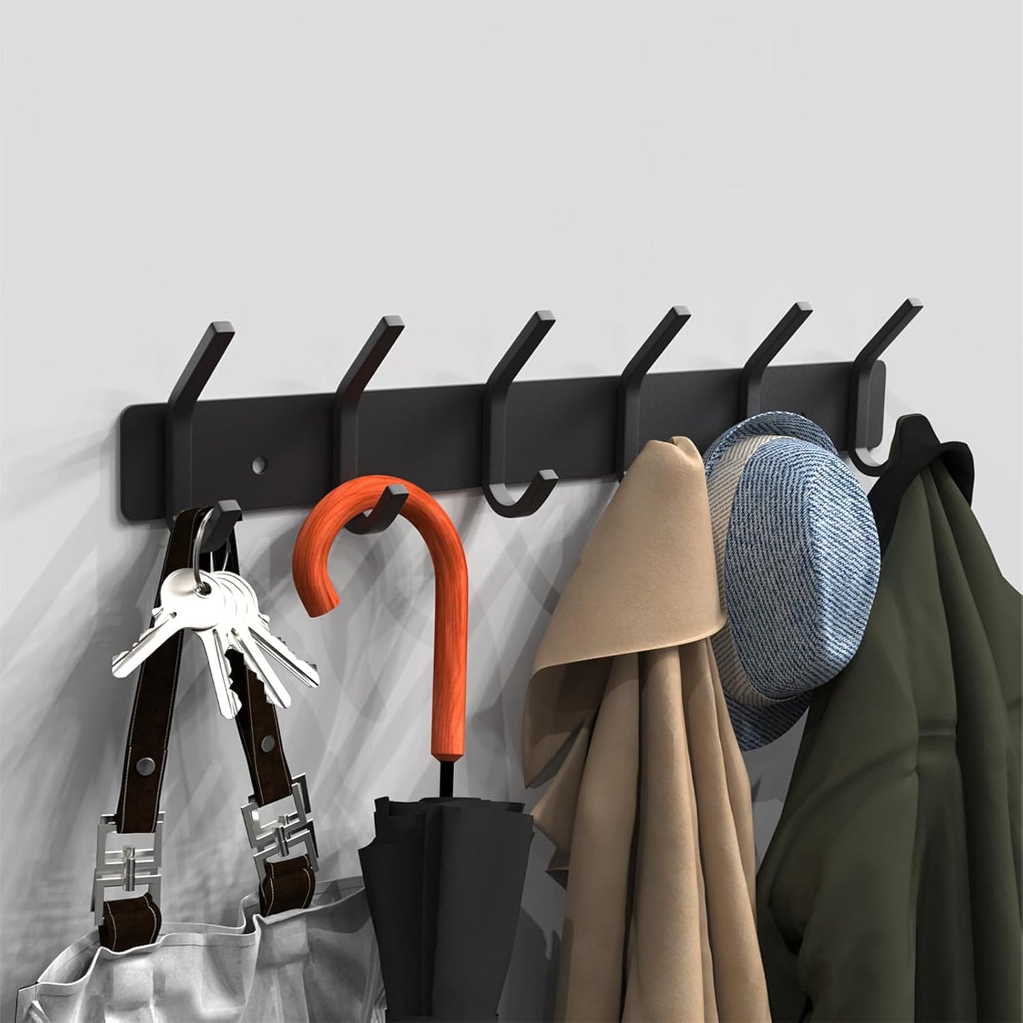 Wall Hooks Coat Hooks Wall Mounted, Coat Rack with 6 Double Hooks for Hanging Towel Hat Coat Robe Bag Key for Bathroom Kitchen Bedroom(1 Pack)