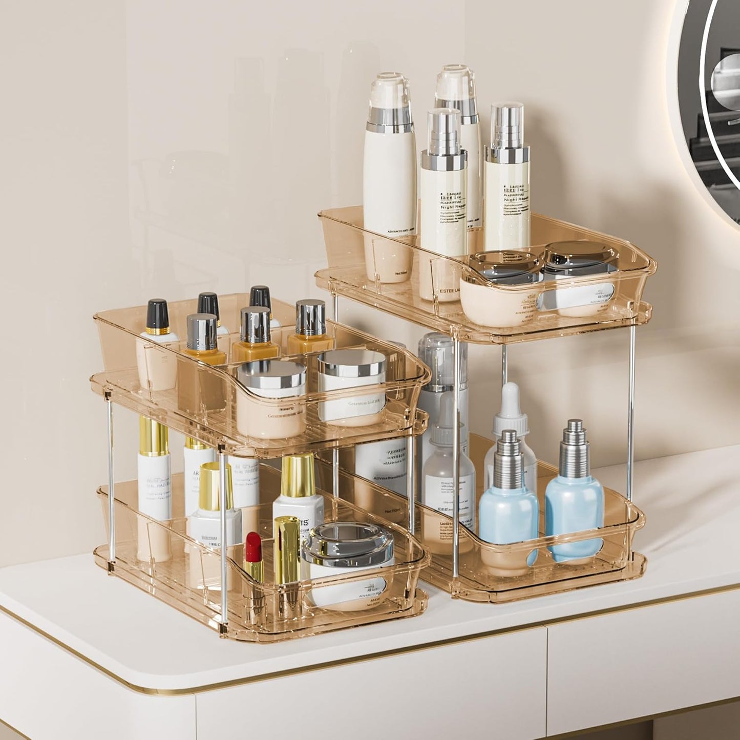 2 Sets of 2-Tier Clear under Sink Organizers and Storage, Multi-Purpose Stackable Bathroom Cabinet Organizers, Amber