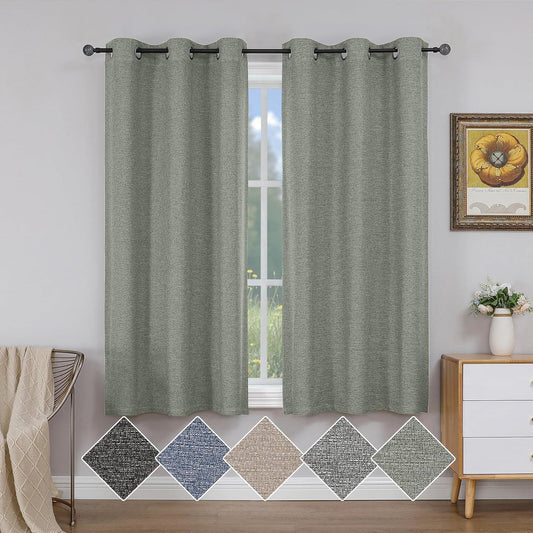 Linen Textured 100% Sage Green Blackout Curtains 63 Inch Length 2 Panels for Bedroom, Thermal Insulated Soundproof Grommet Curtains Blackout, Farmhouse Window Privacy Drapes, 40"W X 63"L