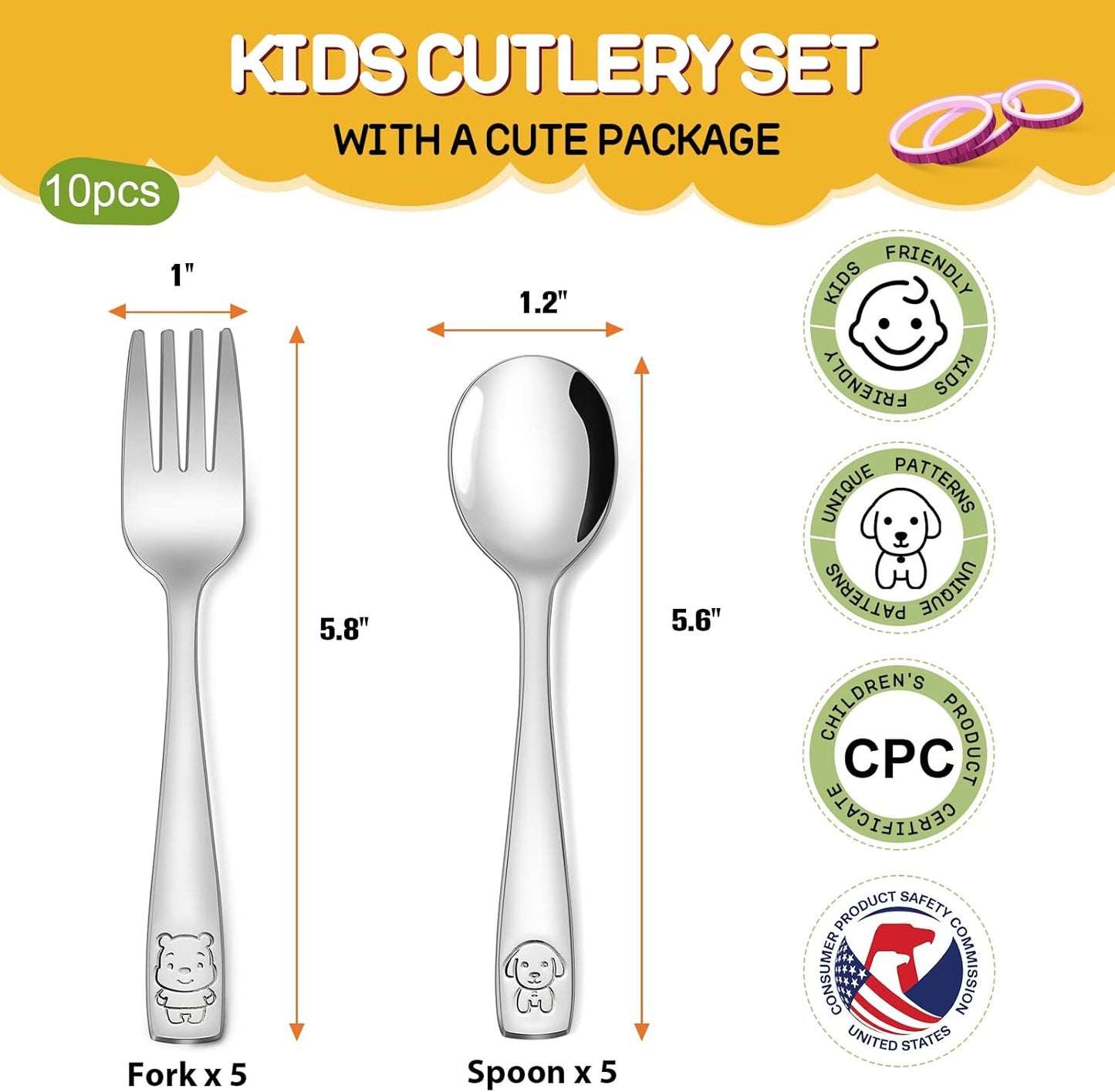 10-Piece Toddler Utensils, Kids Stainless Steel Silverware Set, Children Safe Forks and Spoons - Mirror Polished, Dishwasher Safe