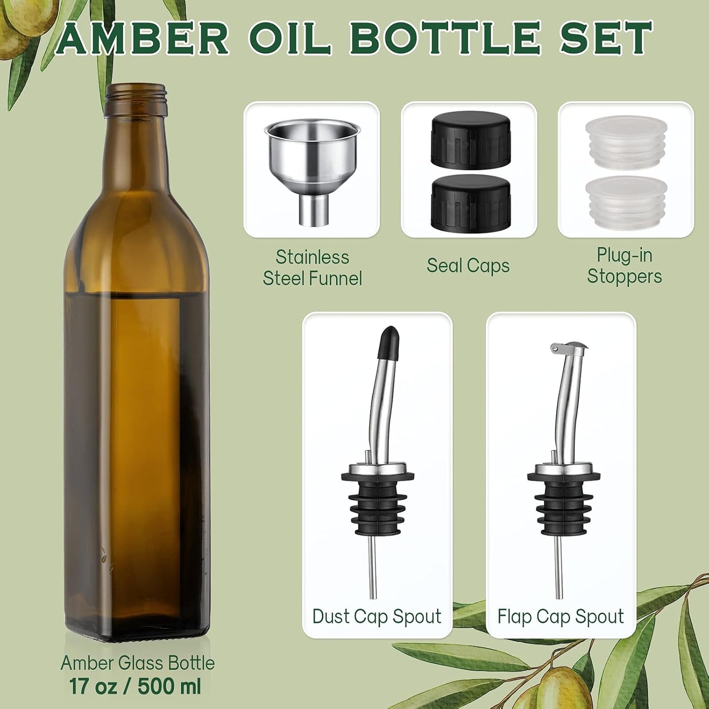 17Oz Glass Olive Oil Dispenser - Oil and Vinegar Cruet Bottle with Stainless Steel Pourers - Funnel for Easy Refill - Olive Carafe Decanter for Kitchen