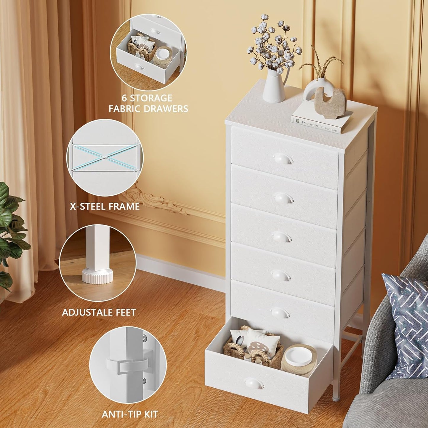 White Vertical Tall Dresser with 6 Fabric Drawers - Versatile Storage Tower and Nightstand for Bedroom, Living Room, Closet, Entryway, and Hallway