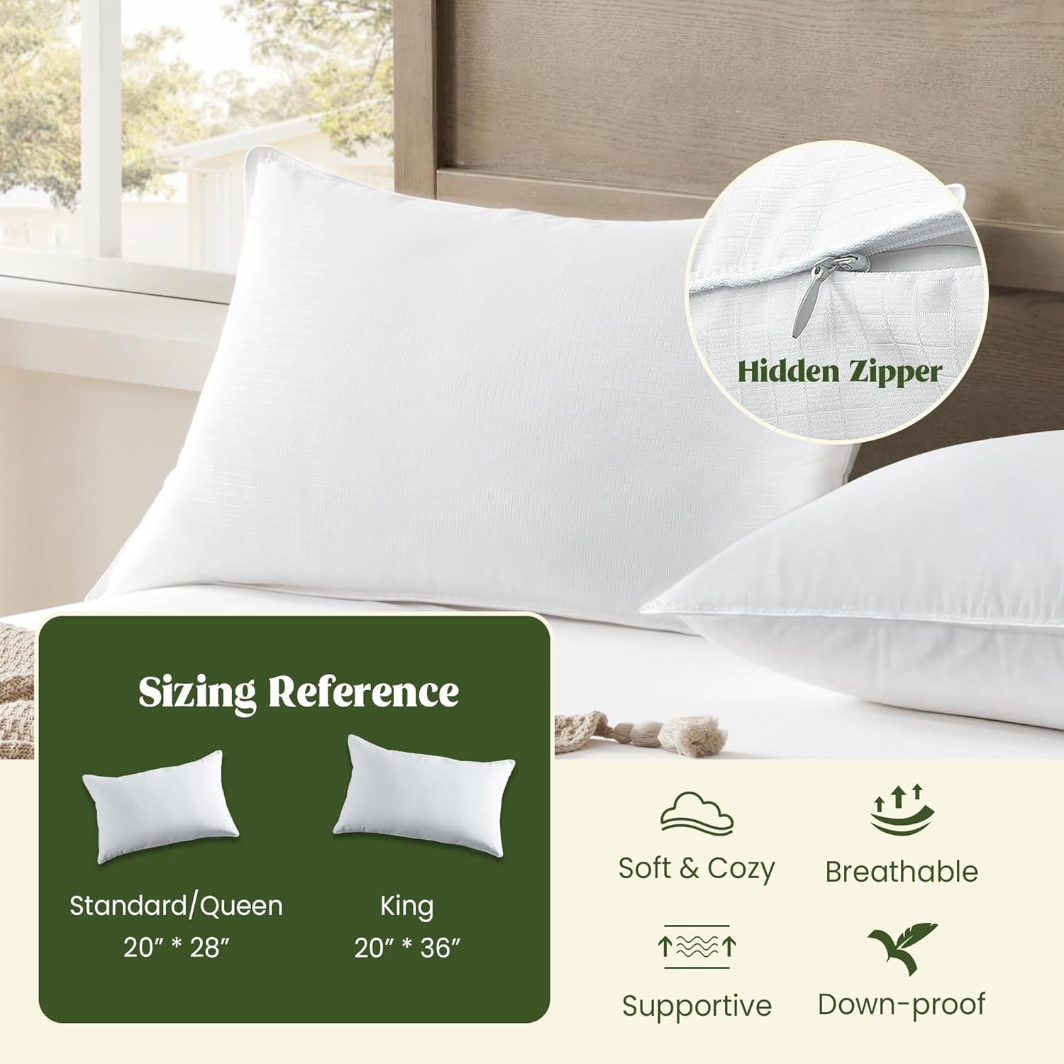® Goose Feather down Pillows, Bed Pillows for Sleeping with 2 Outer Protectors, Hotel Standard/Queen Pillows Set of 2 (Pack of 2)
