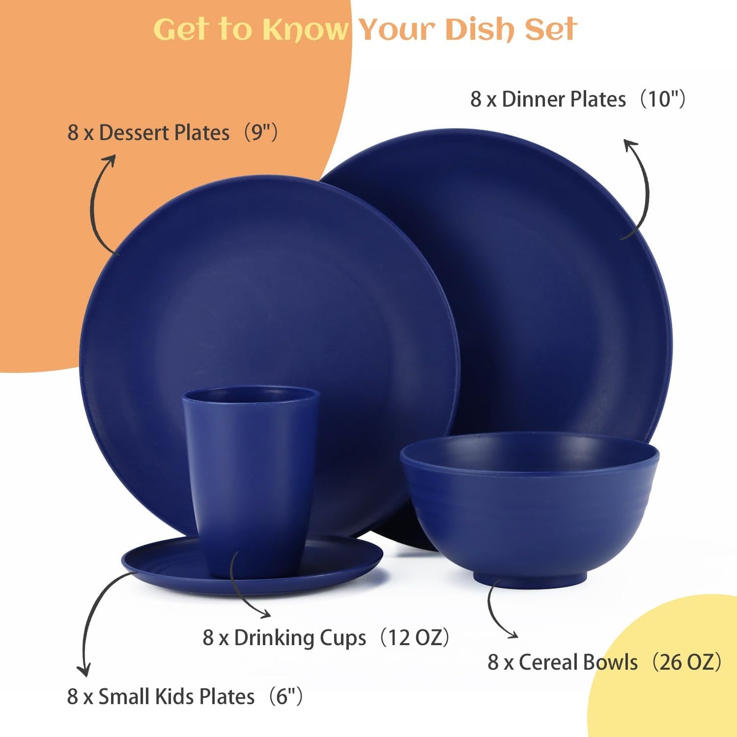 Wheat Straw Dinnerware Set for 8 - 40 Pieces Including Dinner Plates, Cups, and Pasta Bowls - Microwave Safe - Blue