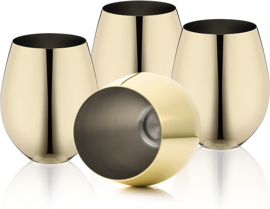 Gold Wine Glasses Set of 4, 18Oz Unbreakable Gold Goblet, Stemless Stainless Steel Wine Glass, Metal Wine Glass for Outdoor, Travel, Camping, Pool, Ideal Gift for Wine Lovers