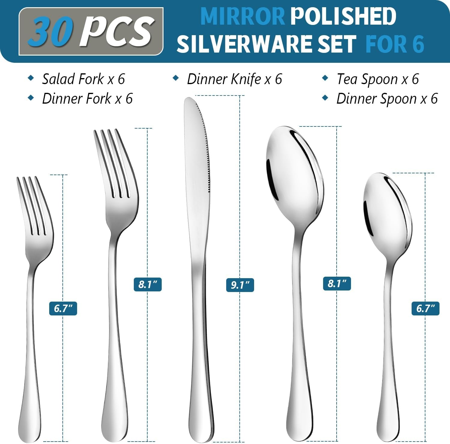 30 Piece Silverware Set, Stainless Steel Flatware Utensil Sets for 6, Silver Cutlery Set Includes Forks Spoons Knives, Mirror Polished, Dishwasher Safe
